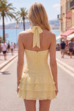 Halter Ruched Tiered Ruffle Pink Homecoming Dress with 3D Flower