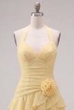 Halter Ruched Tiered Ruffle Pink Homecoming Dress with 3D Flower