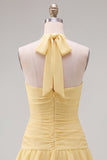 Halter Ruched Tiered Ruffle Pink Homecoming Dress with 3D Flower