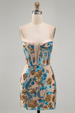 Blue Flower Corset Bodycon Sequin Short Homecoming Dress