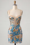 Blue Flower Corset Bodycon Sequin Short Homecoming Dress