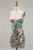 Blue Flower Corset Bodycon Sequin Short Homecoming Dress
