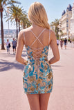 Blue Flower Corset Bodycon Sequin Short Homecoming Dress