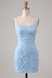 Beaded Bodycon Floral Blue Homecoming Dress