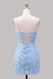 Beaded Bodycon Floral Blue Homecoming Dress