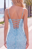 Beaded Bodycon Floral Blue Homecoming Dress
