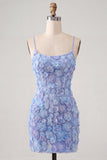 Beaded Bodycon Floral Blue Homecoming Dress