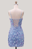 Beaded Bodycon Floral Blue Homecoming Dress
