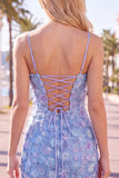 Beaded Bodycon Floral Blue Homecoming Dress