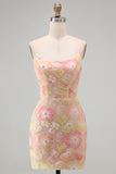 Beaded Bodycon Floral Blue Homecoming Dress