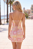 Beaded Bodycon Floral Blue Homecoming Dress