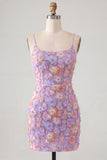 Beaded Bodycon Floral Blue Homecoming Dress