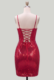 Sparkly Bodycon Red Homecoming Dress with Lace-up Back