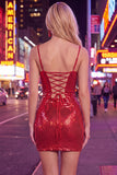 Sparkly Bodycon Red Homecoming Dress with Lace-up Back