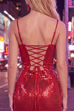 Sparkly Bodycon Red Homecoming Dress with Lace-up Back
