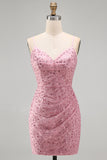 Dusty Rose Beaded Bodycon Homecoming Dress with Lace-up Back