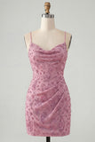 Dusty Rose Beaded Bodycon Homecoming Dress with Lace-up Back