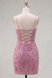 Dusty Rose Beaded Bodycon Homecoming Dress with Lace-up Back