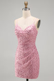 Dusty Rose Beaded Bodycon Homecoming Dress with Lace-up Back