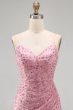 Dusty Rose Beaded Bodycon Homecoming Dress with Lace-up Back