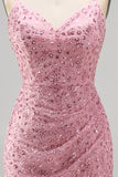 Dusty Rose Beaded Bodycon Homecoming Dress with Lace-up Back