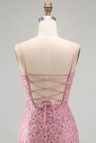 Dusty Rose Beaded Bodycon Homecoming Dress with Lace-up Back