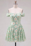Off the Shoulder A Line Daisy Sequin Green Homecoming Dress
