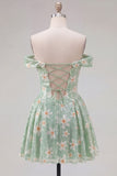 Off the Shoulder A Line Daisy Sequin Green Homecoming Dress