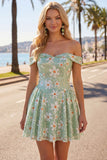 Off the Shoulder A Line Daisy Sequin Green Homecoming Dress