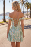 Off the Shoulder A Line Daisy Sequin Green Homecoming Dress