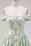 Off the Shoulder A Line Daisy Sequin Green Homecoming Dress