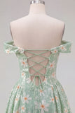 Off the Shoulder A Line Daisy Sequin Green Homecoming Dress