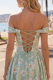Off the Shoulder A Line Daisy Sequin Green Homecoming Dress