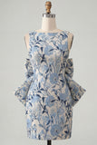 Blue Jacquard Boat Neck Bodycon Short Homecoming Dress with Bow