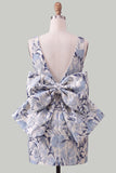 Blue Jacquard Boat Neck Bodycon Short Homecoming Dress with Bow