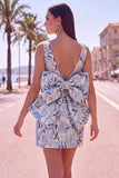 Blue Jacquard Boat Neck Bodycon Short Homecoming Dress with Bow