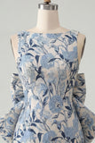 Blue Jacquard Boat Neck Bodycon Short Homecoming Dress with Bow