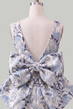 Blue Jacquard Boat Neck Bodycon Short Homecoming Dress with Bow