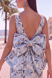 Blue Jacquard Boat Neck Bodycon Short Homecoming Dress with Bow