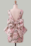 Blue Jacquard Boat Neck Bodycon Short Homecoming Dress with Bow
