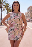 Blue Jacquard Boat Neck Bodycon Short Homecoming Dress with Bow