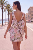 Blue Jacquard Boat Neck Bodycon Short Homecoming Dress with Bow