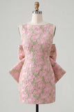 Blue Jacquard Boat Neck Bodycon Short Homecoming Dress with Bow