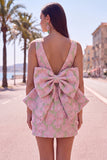 Blue Jacquard Boat Neck Bodycon Short Homecoming Dress with Bow