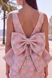 Blue Jacquard Boat Neck Bodycon Short Homecoming Dress with Bow