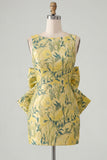 Blue Jacquard Boat Neck Bodycon Short Homecoming Dress with Bow