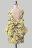 Blue Jacquard Boat Neck Bodycon Short Homecoming Dress with Bow