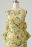 Blue Jacquard Boat Neck Bodycon Short Homecoming Dress with Bow