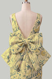 Blue Jacquard Boat Neck Bodycon Short Homecoming Dress with Bow