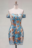 Sparkly Blue Off the Shoulder Floral Bodycon Short Homecoming Dress
